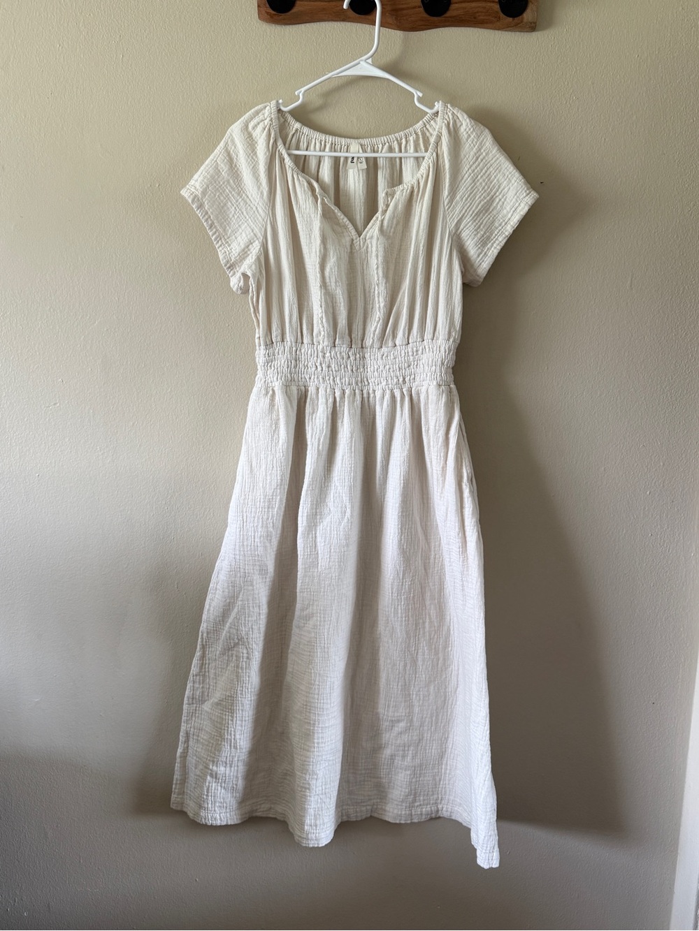 Pact Cream Midi Dress with Smocked Waist